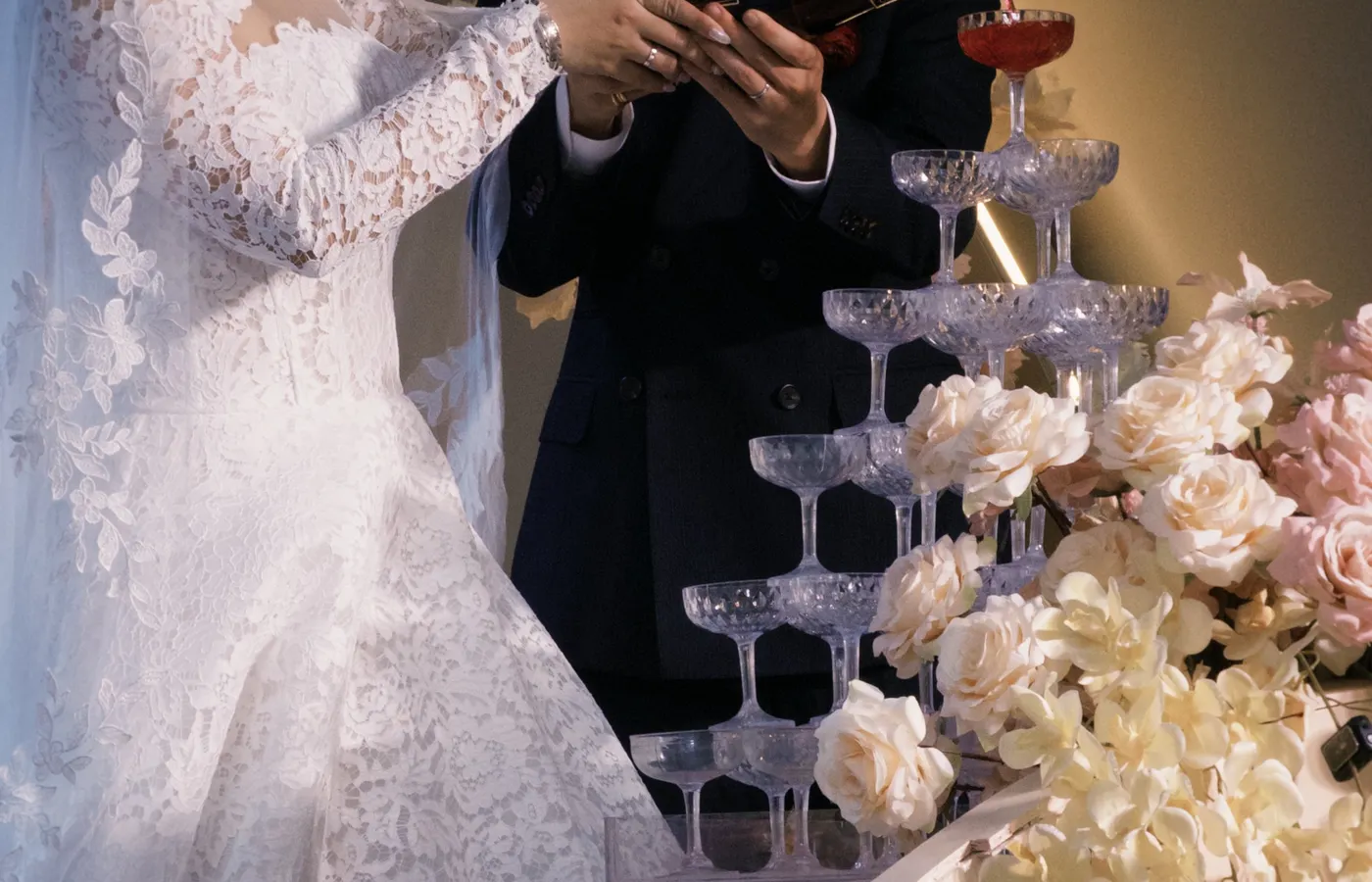 Champagne toast at a large wedding celebration
