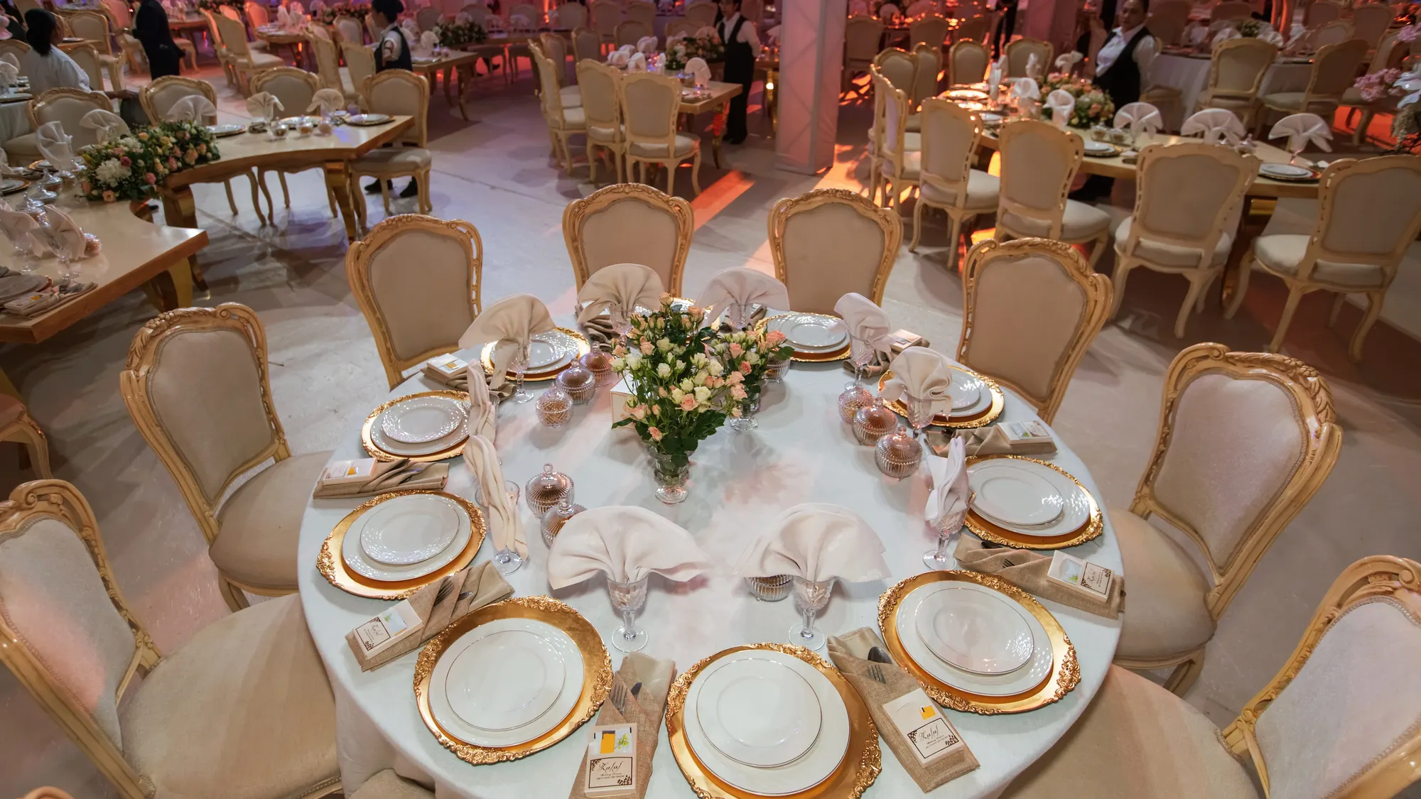 Elegant ballroom set for a wedding reception in Dubai